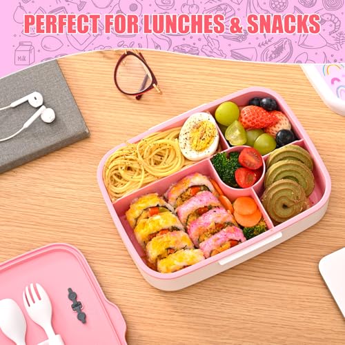 Image of Bento Box for Kids Lunch Box Leak-Proof, Bento Lunch Box with 5 Compartments, Lunch Containers with 3 Silicone Baking Cups, Microwave /Dishwasher Safe (43OZ) (Pink)