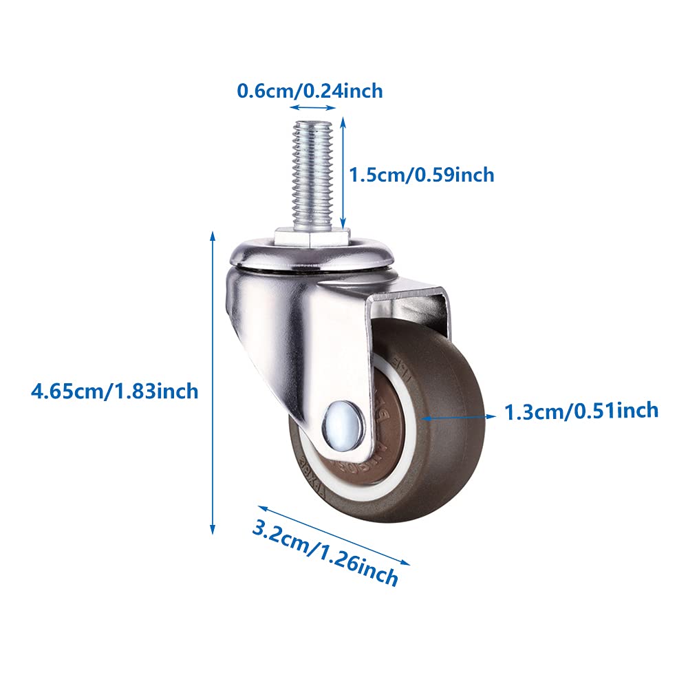 Lot De 4 Mini Roulettes Pivotantes Avec Frein - Tige Filetée M6, Caoutchouc TPE Silencieux - Pour Meubles, Chaises, Établi - 3