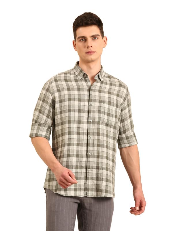 Image of Linen Club Men's Pure Linen Checked Contemporary Fit Full Sleeve Casual Shirt