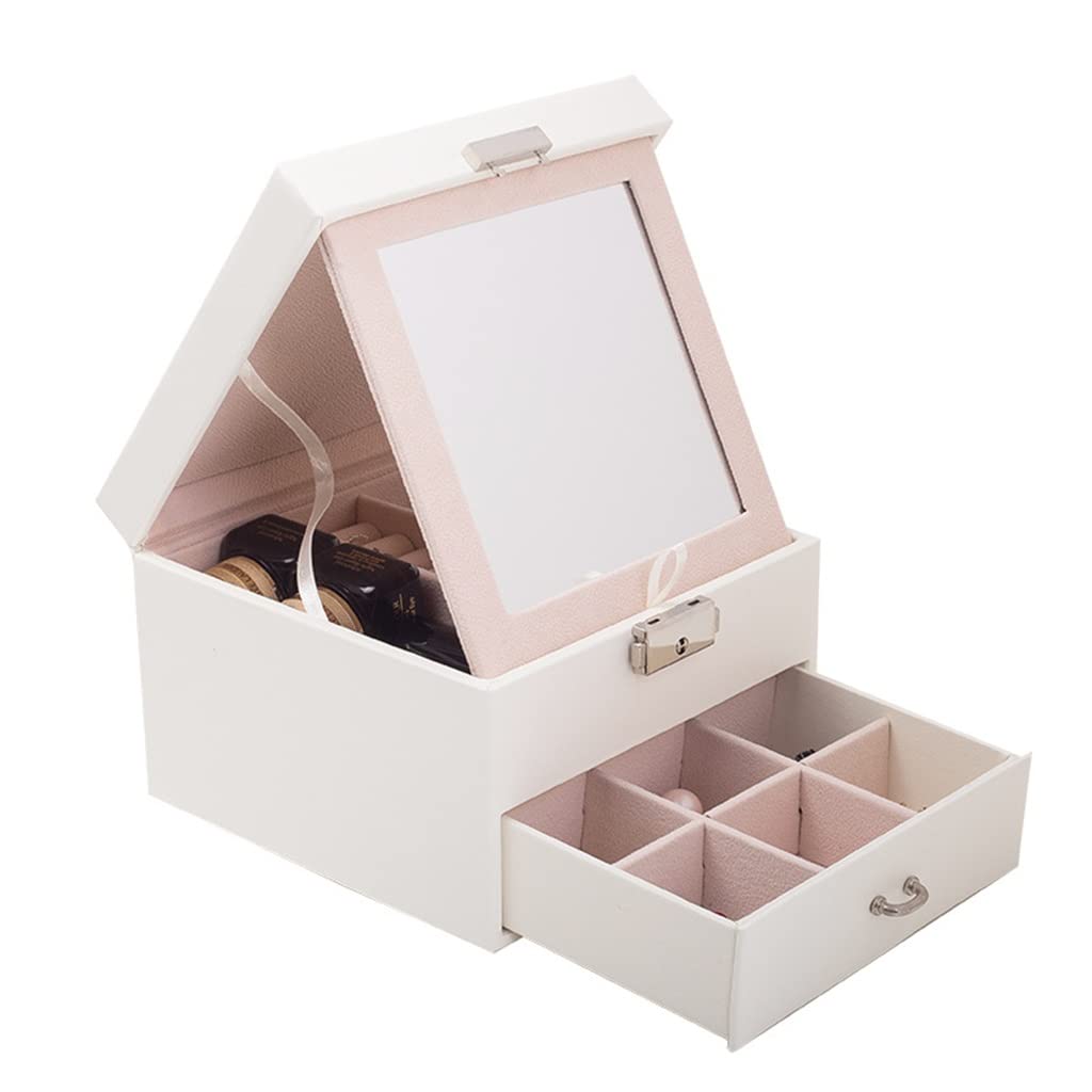 TIANQIHAO Flashing Leather Jewelry Box Storage Box With Drawer Lock Large Mirror Women Storage Jewelry Box,B