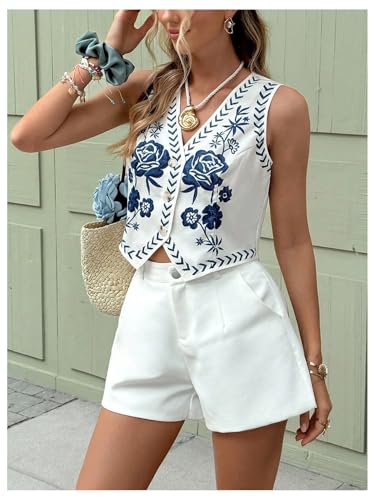 GORGLITTER Women's Boho Western Vest Tops Vintage Sleeveless Button Down V Neck Vest Cowgirl Waistcoat3
