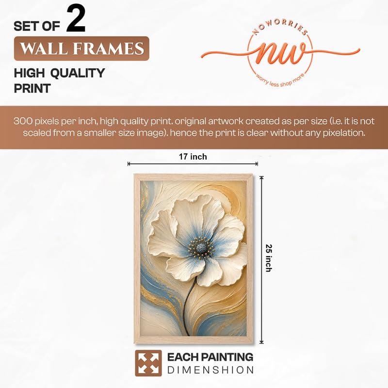 Image of NoWorries Floral Wall Painting Set of 2 with Frame | Premium White Peach & Blue Flower Botanical Artwork, Elegant Nature Wall Decor for Living Room, Bedroom, Office and Home Decoration (Art-7, 17x25inch)