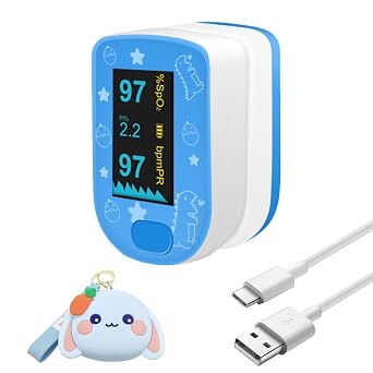 Children Digital Fingertip Pulse Oximeter Blood Oxygen Saturation Monitor with Adorable Animal Theme USB Rechargeable fit for newborn/infant For sports and aviation use only blue
