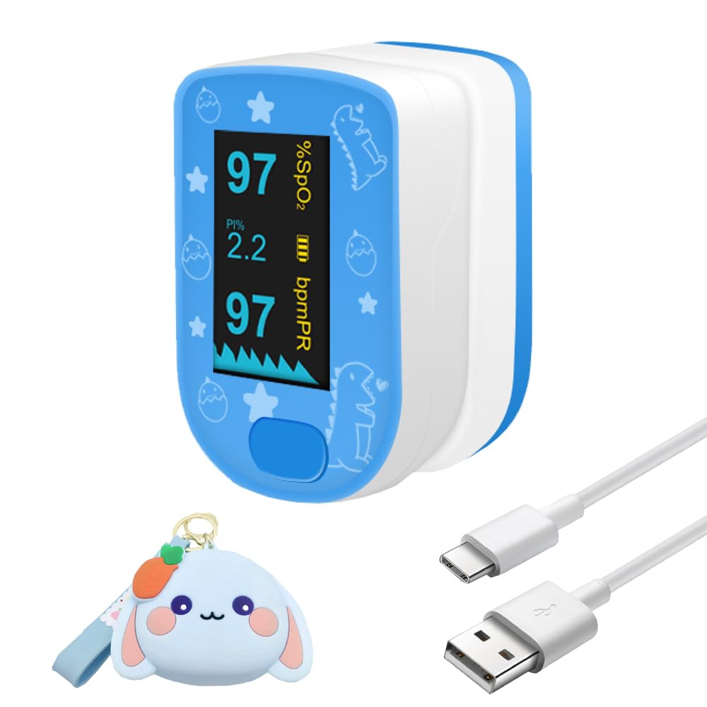 CRFISH Children Digital Fingertip Pulse Oximeter Blood Oxygen Saturation Monitor with Adorable Animal Theme USB Rechargeable (fit for newborn/infant) For sports and aviation use only (blue)