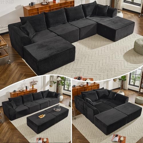 130″ Sectional Couches for Living Room，U Shaped Cloud Couch Modular Sectional Sofa ，Modern Fabric Boneless Couch with Deep Seat，6 Seater Corduroy Couches, No Assembly Required