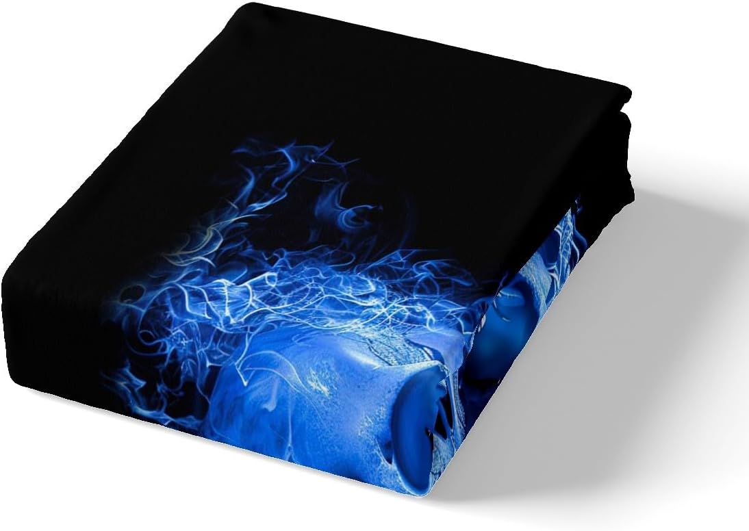 Feelyou Death Skull Bedding Set Gothic Skull Comforter Cover for Kids Adult Blue Fire Duvet Cover Skeleton Bones Bed Set Halloween Themed Room Decor 3Pcs with 2 Pillow Case Full Size (No Comforter)