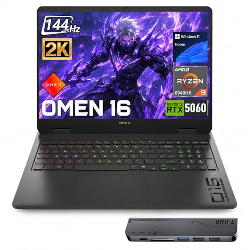 Image of HP Omen RTX 5060 Gaming Laptop, 16.1 inch FHD+ 144Hz, AMD Ryzen 9 8940HX, 32GB DDR5 RAM, 1TB SSD, RGB Backlit KB, RJ-45, Bundle with Thunderobot 7 in-1 USB-C Hub, Black, Windows 11 Home