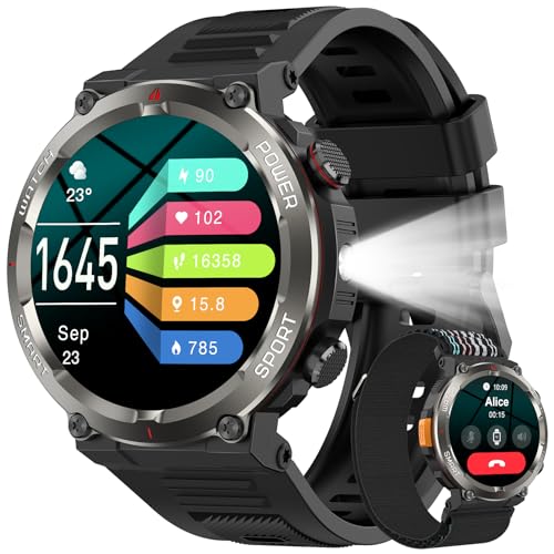 Baolubao Military Smart Watch for Men, Fitness Watch with 100 Days Battery/Flashlight/Compass/2 Straps/Heart Rate/Sleep Monitor/Answer/Make Calls, 120+ Sport Mode Waterproof Smartwatch for iOS Android
