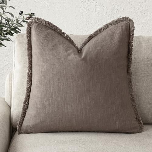 Image of Foindtower Decorative Linen Fringe Throw Pillow Covers Cozy Boho Farmhouse Cushion Cover with Tassels Soft Accent Pillowcase for Chair Sofa Bed Living Room Home Decor, 24x24 Inch,1PC,Light Coffee