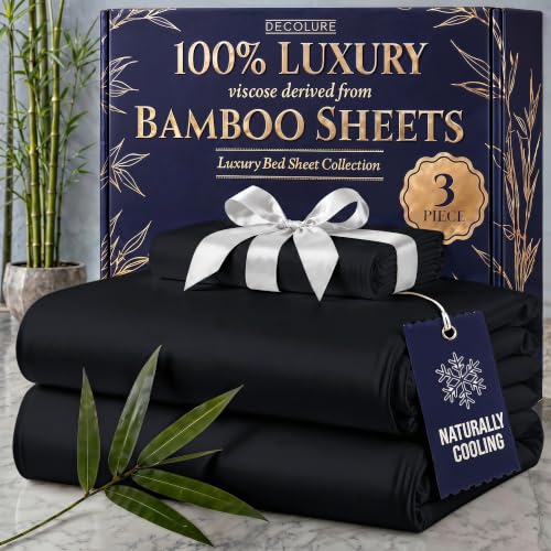 Image of DECOLURE 100% Viscose Derived from Bamboo Sheets Twin Size - Luxury 3 Pc Naturally Cooling Sheets, Ultra Soft Bed Set - Deep 17 inch Pockets, Durable Double Stitching, Oeko Tex Standard (Black)
