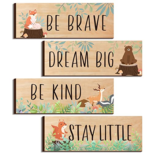 Image of Yookeer 4 Pieces Woodland Nursery Decor Safari wall art Be kind brave curious Cute Jungle Animal Nursery Decor for Bedroom living room home 11x 3.9 Inches(Cute Animals,Light Brown Background)