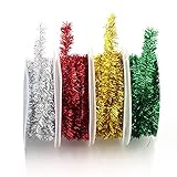 luzen 4 Rolls Metallic Tinsel Garland Wire Tinsel Christmas Tree Decoration Rope Ribbon Glitter Hanging Rope for Wedding Birthday Holiday New Year Christmas Party Home Decoration, 1.5M per Roll