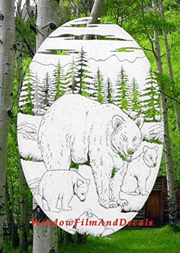 Bear Scene Oval Etched Window Decal Vinyl Glass Cling - 10.5" X 16" - White With Clear Design Elements #TOP19