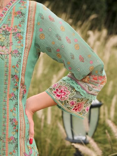Image of INDO ERA Women's Straight Linen Floral Printed Kurta & Pant with Dupatta Set | Kurta Sets For Woman