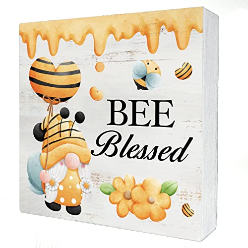 Bee Blessed Wood Box Sign Home Decor Rustic Bee Gnome Spring Summer Wooden Box Sign Block Plaque for Wall Tabletop Desk Home Decoration