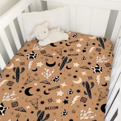 Image of Vintage Western Cowboy Baby Crib Sheet 52''x28'' Retro Cow Skull Cactus Sun Moon Stars Snug Fitted Crib Mattress Cover for Boy Girl Wild Plants Soft Baby Bed Sheet for Standard Crib Toddler Mattress