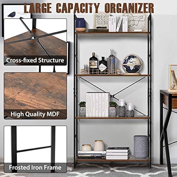 EROMMY Boekenplank Rack 4 Tier Vintage Industriële Boekenkast Plank Opslag Organizer Rustiek Hout en Metalen Frame Meubels Open Terug Moderne Kantoor Boekenkasten Thuis Kantoor