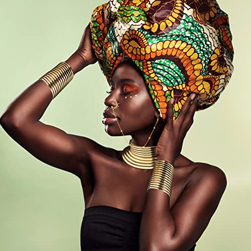 YADOCA 6Pcs African National Jewelry for Women Egypt Gold Choker Collars African Vintage Statement Choker Necklaces Wide Leather Bangle Bracelet Nose Rings Hoop Chain Earrings Sets3
