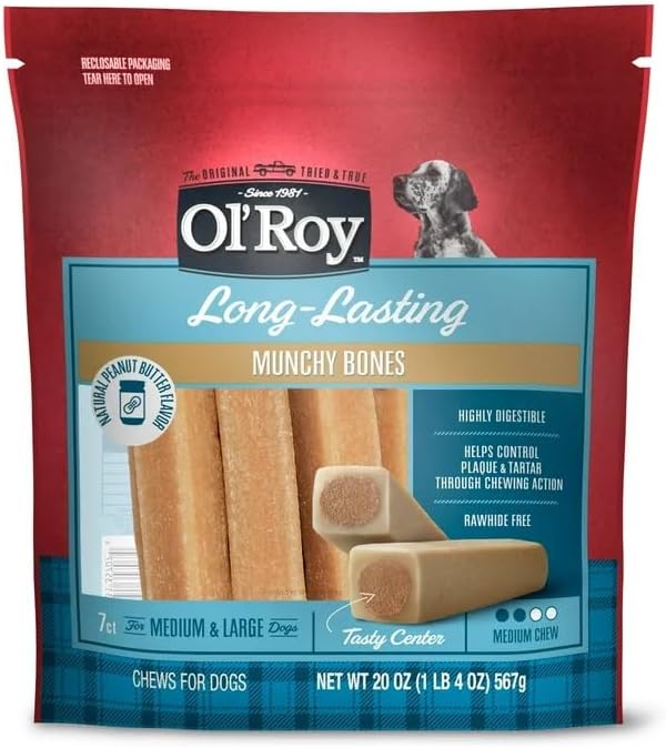 Ol's Roys Long-Lasting Natural Peanut Butter Flavor Munchy Bones Chews for Dogs, 7 Count, 20 oz (3, Peanut Butter)