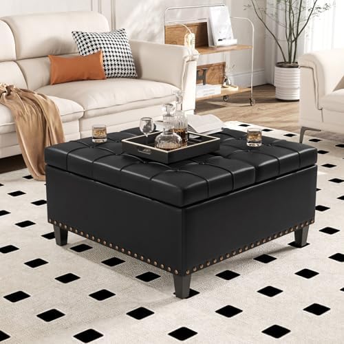Large Square Ottoman with Storage, 40 Gallons, Oversized Upholstered Large Ottoman, Lift Top Ottoman Coffee Table, Tufted Leather Ottoman for Living Room, Black