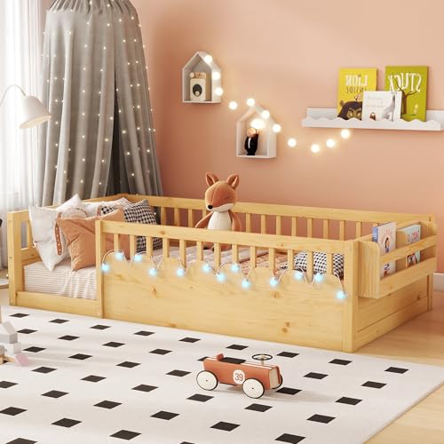 Duxelifin Twin Toddler Floor Bed with High Rails, Wooden Montessori Bed Frame with Light and Storage Shelf, Twin Size Bed Frame for Kids, Boys and Girls, Natural