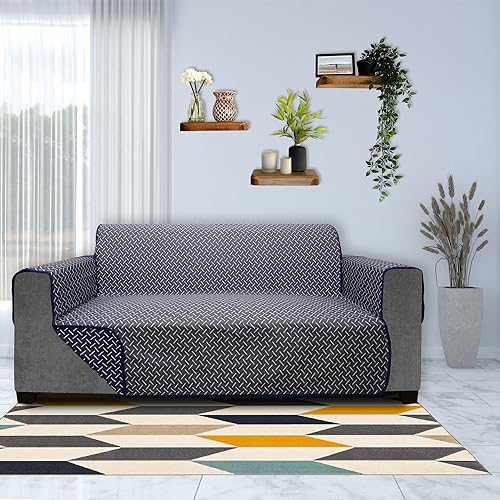 Image of DREAM KING 3 Layers 300 GSM Waterproof Reversible Sofa Cover 4 Seater with Pockets | Dust Protective Soft Fabric Sofa Seat Cover Navy Blue & Grey