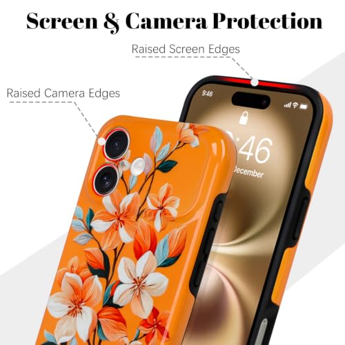 Image of Magnetic for iPhone 16 Case for Women Girl, Orange Floral | Stylish Flower Pattern Design [Compatible with MagSafe] [Full Camera Protection] 2-Layer Hybrid Shockproof Glossy Phone Case