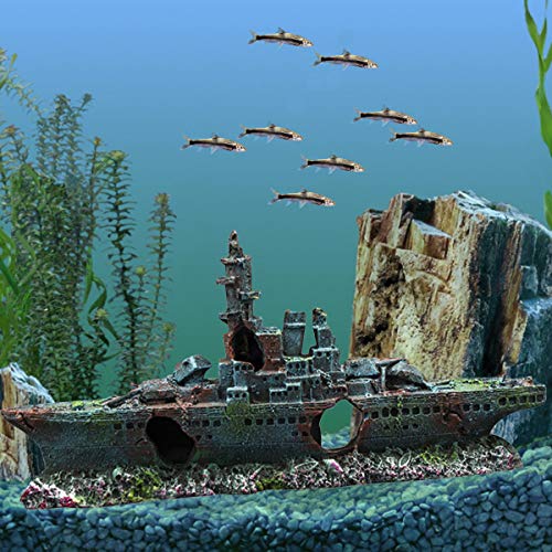 Image of S-Lifeeling Fish Tank Decoration Moss Rockery Stone Plants Wood Ruins Landscaping Turtle Tank Decoration Fish Shrimp Shelter (Shipwreck)