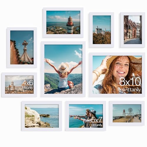 Image of Vittanly 10 Pack Picture Frames Collage Wall Decor, Gallery Wall Frame Set for Wall or Tabletop Display, Engineered Wood and Shatter-resistant Plexiglass, Multi Sizes with 8x10, 5x7, 4x6 Frames, White