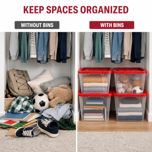 Image of Storage Bins 27 Gal Clear with Red Snap Lid 4 Pack for Garage | 4-Pack 27 Gallon Clear Storage Bins - Red snap lids with 2-point closure. Built-in handles and stackable design.