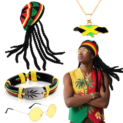 Juego de disfraz de rasta de Jamaica, 4 unidades, con gorro de peluca, gafas, pulsera trenzada, colgante de bandera, collar para mujer, hombre, fiesta, cosplay, Halloween, carnaval