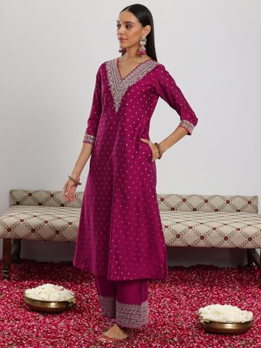 Image of Libas Woven Design Silk Blend A-Line Kurta With Trouser and Dupatta