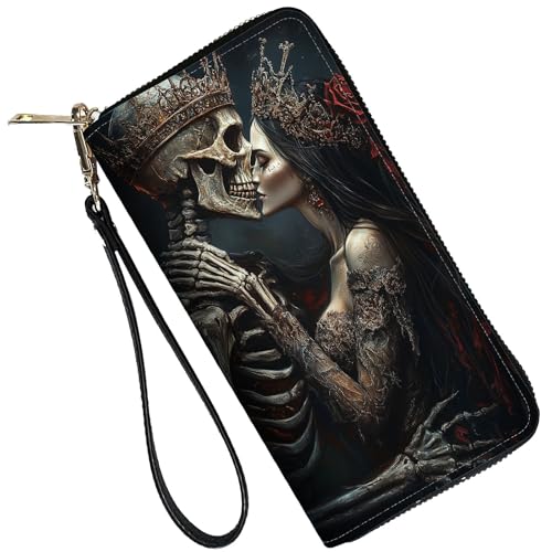 Image of RFID Blocking Leather Wallet for Women - Large Capacity Zip Around Clutch with 8 Card Slots,15 Cash Pockets & Coin Zipper,Skeleton Couple Love Scene