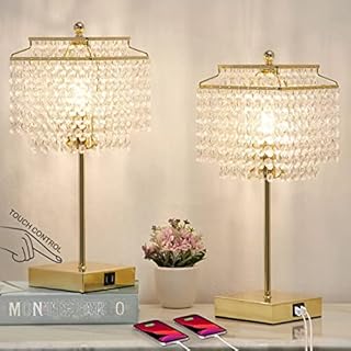 Luvkczc Set of 2 USB Bedside Crystal Table Lamp Gold, Touch Control Crystal Lamp, 3-Way Dimmable Lamp with Crystal Shade for Bedroom, Living Room, 6W LED Bulb Included