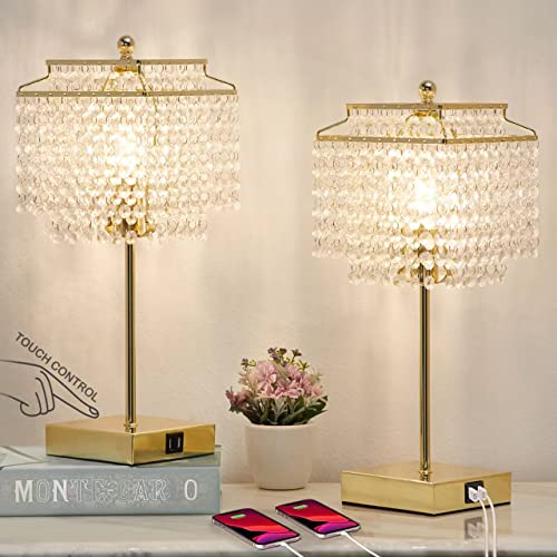 Image of Luvkczc Set of 2 USB Bedside Crystal Table Lamp Gold, Touch Control Lamp | Dimmable Lamp with Crystal Shade for Bedroom, Living Room, 6W LED Bulb Included