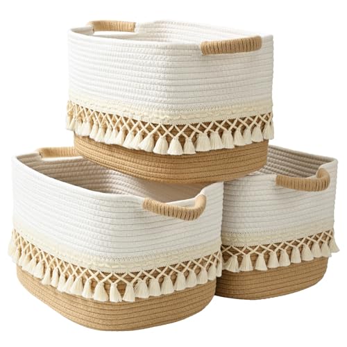 2 Pack Storage Basket for Shelves, Boho Cotton...