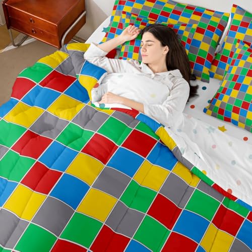 Image of Erosebridal Geometric Checkered Full Bedding Set 7 Piece Colorful Checkerboard Bed in A Bag with Sheets Rainbow Plaid Comforter Set for Kids Adults,Red Blue Green Yellow Grids Bed Sets