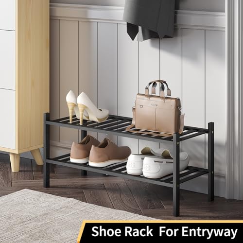 Image of Shoe Rack, 2-Tier Bamboo Stackable Shoe Shelf Storage Organizer, Shoe Stand for Closet, Entryway and Hallway