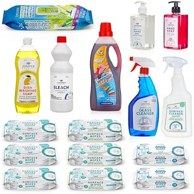 Juniper CLEAN, Luxury Cleaning, Supplies Kit, All In One Household Cleaning Essentials Set with Surface-Floor-Hand Cleaners, Laundry Detergent, Dish Soap, Nice Gift for New Homeowners
