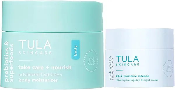 TULA Skin Care Take Care + Nourish Advanced Hydration Body Moisturizer, 8.1 oz + 24-7 Moisture Intense Ultra Hydrating Day & Night Cream - Travel Size, 0.5 oz, 2 Piece Set