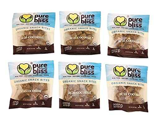 Pure Bliss Organics, Acai Coconut Bites, 6-Pack(6 x 4 oz Pouches), Certified Organic Food Snack Bites, Gluten Free, Non-GMO, Vegan