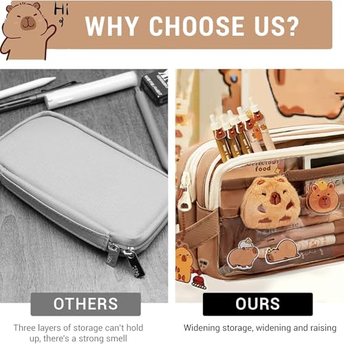 Image of Cute Capybara Pencil Case, Stationery Pouch Set with 10 Stickers+2 Brooches+1 Doll+2 Clip+1 Notepad+1 Keychain+4 Pens, Cartuchera De Capibara