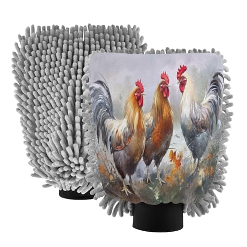 Flradish 2 Pack Vintage Rooster Car Wash Mitt Chenille Microfiber Lint-Free Scratch Free Ultra-Soft Absorbent Car Wash Mitt 11.8x8.07 Inch