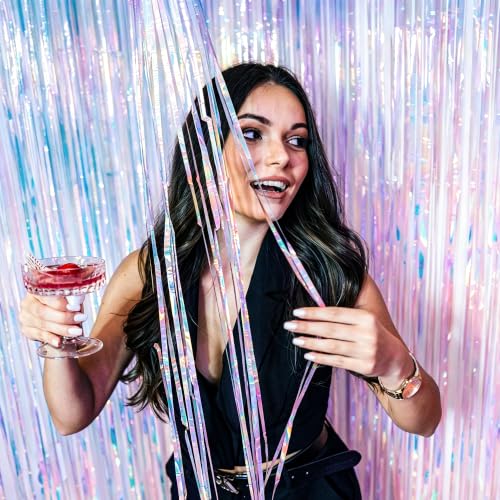 Image of ZATAYE 2 Pack Iridescent Blue Foil Curtain Streamer Decorations | Iridescent Blue, Metallic Foil, 3.28 x 7.05 FT, Tinsel Backdrop, Foil Curtain Streamer, Party Decor