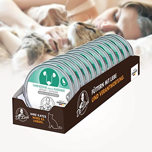 Dr. Link Spezial-Diät Katzenfutter, für kastrierte Katzen & Kater, Huhn & Weißfisch – Unterstützung der Harnwege, Diätfutter mit pH-Wert-Regulierung, Omega-3-Fettsäuren, Glutenfrei - 12x 85g Schale