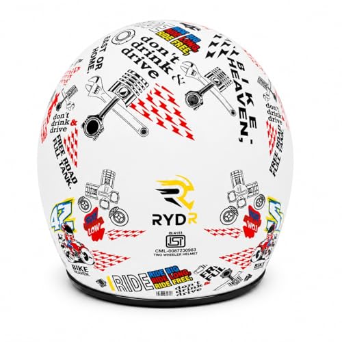 Image of RYDR A Doodle White Graphic Half-Face Helmet for Men & Women with Balaclava, Helmet Bag & Arm Sleeves Combo