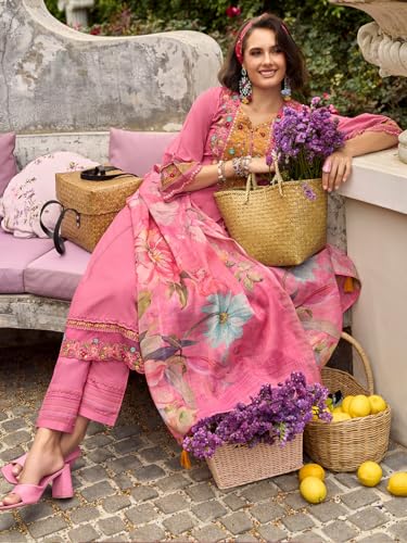 Image of INDO ERA Women's Anarkali Pure Cotton Floral Printed Embroidered Kurta & Pant with Dupatta Set (IEOUT10688)