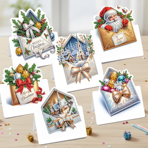 6 Packs DIY Diamond Art Christmas Cards with Envelopes 5D Crystal Diamond Art Painting Card Kits for Family and Friends Handmade Postcard Gifts for XMAS