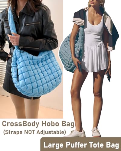 Image of Large Quilted Puffer Tote Bag for Women with Mini Pouch Puffy Crossbody Bags Purse Hobo Puff Shoulder Carryall Gym Travel