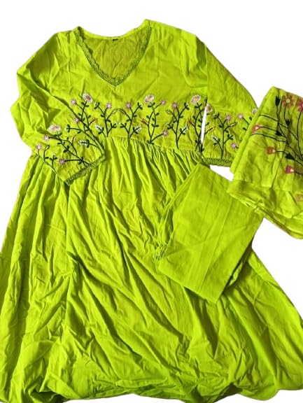 Image of Women's Cotton Embroidered Long Anarkali Kurti With Pant and Dupatta Set